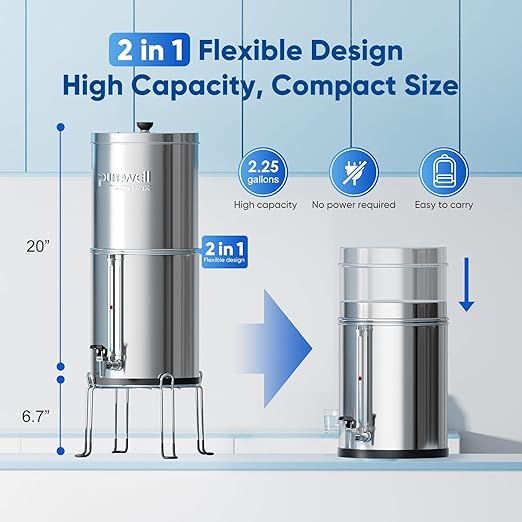 Purewell 6-Stage Alkaline Water Filter System, 0.01μm Ultra-Filtration Countertop System with 4 Filters, Metal Water Level Spigot and Stand, pH 8-9, 2.25G, PW-OB-PH