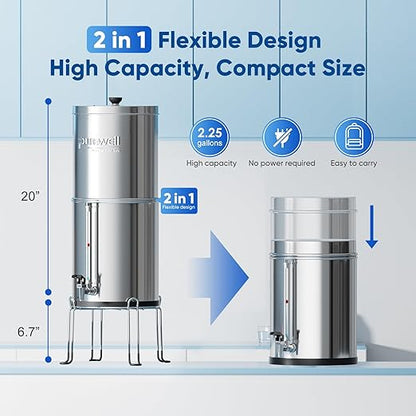 Purewell 6-Stage Alkaline Water Filter System, 0.01μm Ultra-Filtration Countertop System with 4 Filters, Metal Water Level Spigot and Stand, pH 8-9, 2.25G, PW-OB-PH