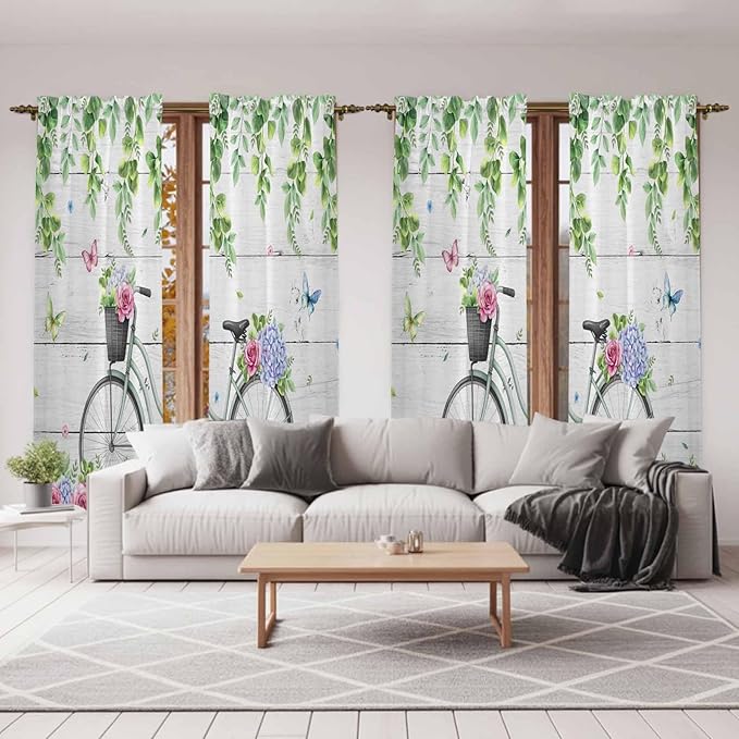 Spring Kitchen Curtains, Bicycles Botanical Rose Leaves Butterfly Wood Grain Light Filtering Window Curtain Panels, 2Pcs Rod Pocket Window Treatments Set for Living Room Bathroom Bedroom 52x72 Inches
