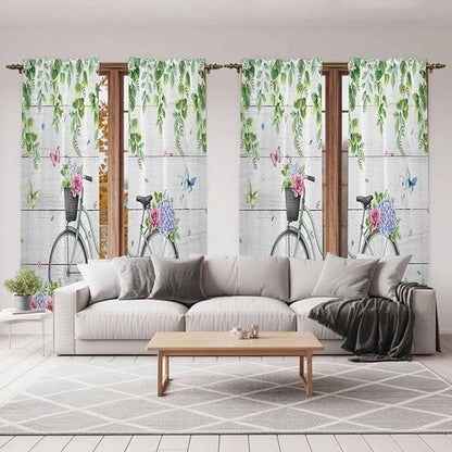 Spring Kitchen Curtains, Bicycles Botanical Rose Leaves Butterfly Wood Grain Light Filtering Window Curtain Panels, 2Pcs Rod Pocket Window Treatments Set for Living Room Bathroom Bedroom 52x72 Inches