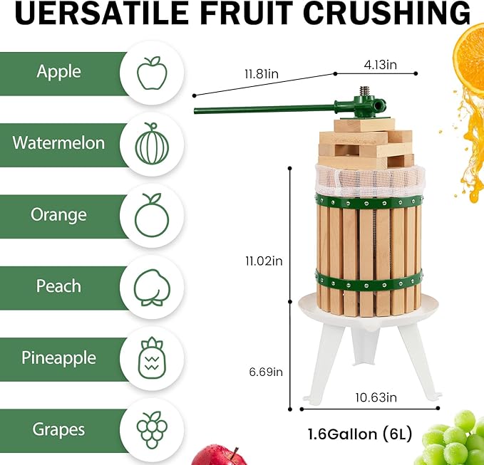 CAELUM Fruit Wine Press, 1.6 Gallon Wood Fruit and Cider Press Squeezer With T-Handle, Juice Maker, Wine Making Press Squeezer for Outdoor, Kitchen（Green）