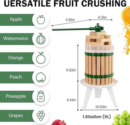 CAELUM Fruit Wine Press, 1.6 Gallon Wood Fruit and Cider Press Squeezer With T-Handle, Juice Maker, Wine Making Press Squeezer for Outdoor, Kitchen（Green）