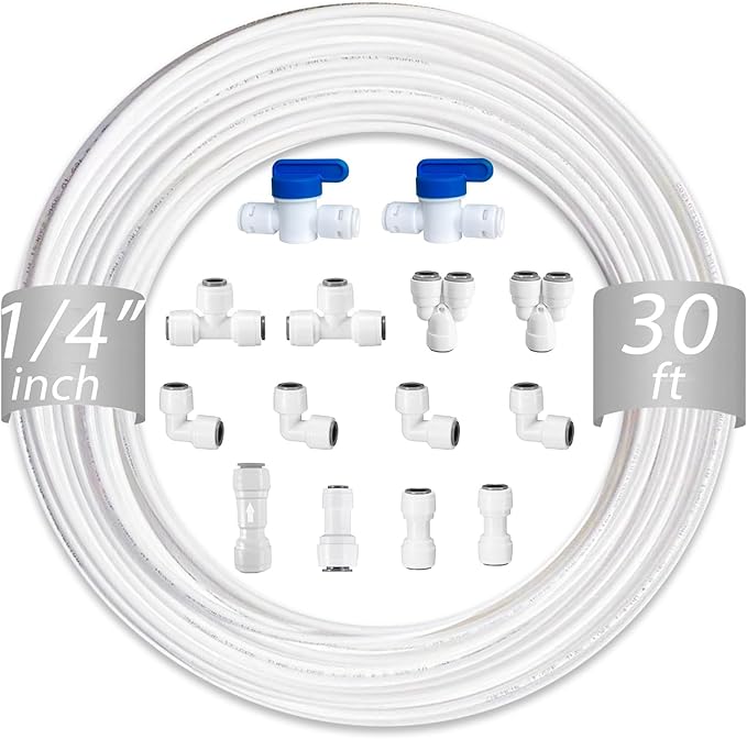 NSF 1/4" inch Water Line Tubing and Push to Connect Fittings for Reverse Osmosis Water Filter RO fittings,14 pcs connetors+30 feet 1/4" O.D. (6.4mm) water tubing.