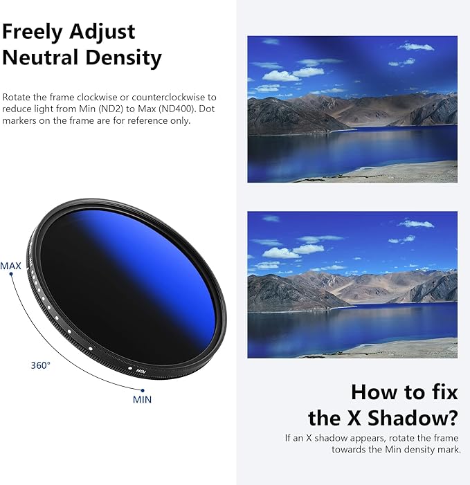NEEWER 82mm Variable ND Filter ND2-ND400 (1-9 Stops), Neutral Density Filter, Multiple Coatings, Water and Scratch Resistant