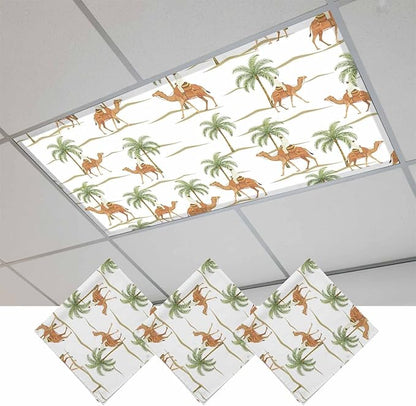Fluorescent Light Covers for Drop Ceiling Abstract Brown Camels Palm-Trees Magnetic Light Filters, Vintage Deserts Ceiling Shade Filters for Home Classroom Office,2x4 ft,3Packs