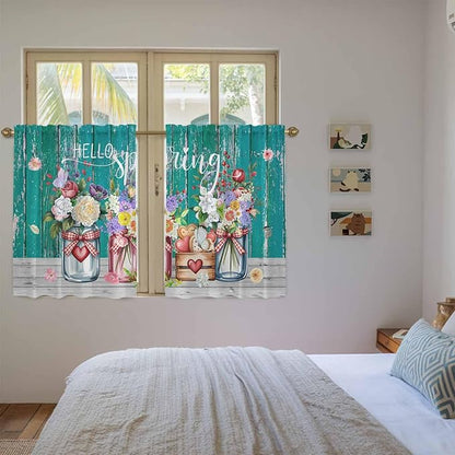 Spring Flowers Kitchen Curtains, Farmhouse Watercolor Teal Wood Grain Light Filtering Window Curtain Panels, 2Pcs Rod Pocket Window Treatments Set for Cabin Bathroom Bedroom 52x45 Inches