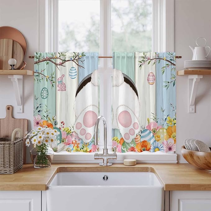 Easter Kitchen Curtains 45 Inch Long 2 Panel Set, Rod Pocket Window Treatment, Spring Watercolor Bunny Eggs Wood Grain Teal Blue Light Filtering Panels Short Drapes for Bathroom Camper 42"W x 45"L