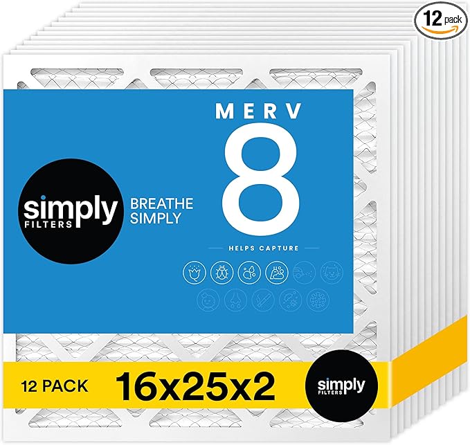 Simply 16x25x2 Air Filter, MERV 8, 12 Pack, Furnace Air Filter for HVAC (Actual Size:15.5"x24.5"x1.75") DUST, Pet, & Allergy Control