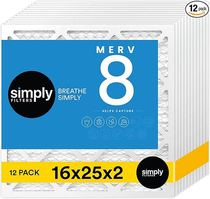 Simply 16x25x2 Air Filter, MERV 8, 12 Pack, Furnace Air Filter for HVAC (Actual Size:15.5"x24.5"x1.75") DUST, Pet, & Allergy Control