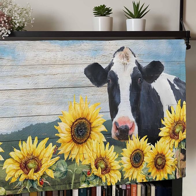 Cow Sunflowers Curtain Valances for Windows, Kitchen Valance Window Treatment, Farmhouse Animal Blue Sky Wooden Grain Light Filtering Block Curtains for Bathroom/Bedroom/Living Room 42'' x 12''