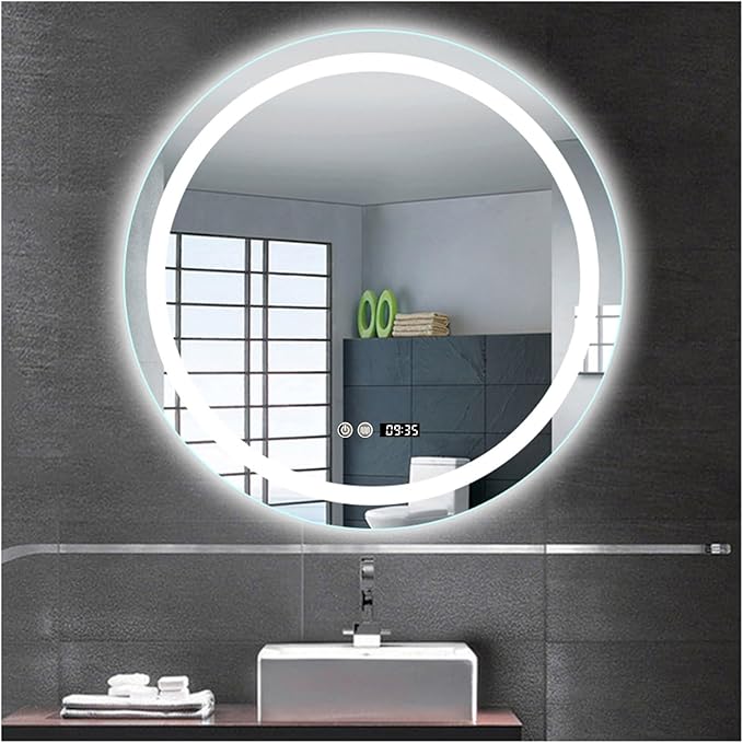 Round LED Bathroom Mirror with Light,Round Bathroom Mirror with LED Lights and Demister，Large Circle Mirror Backlit + Front Light，3 Colors Dimmable/Demister Pad(A,H60*W60cm/H23.6*W23.6IN)