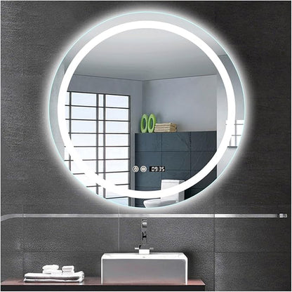 Round LED Bathroom Mirror with Light,Round Bathroom Mirror with LED Lights and Demister，Large Circle Mirror Backlit + Front Light，3 Colors Dimmable/Demister Pad(A,H60*W60cm/H23.6*W23.6IN)
