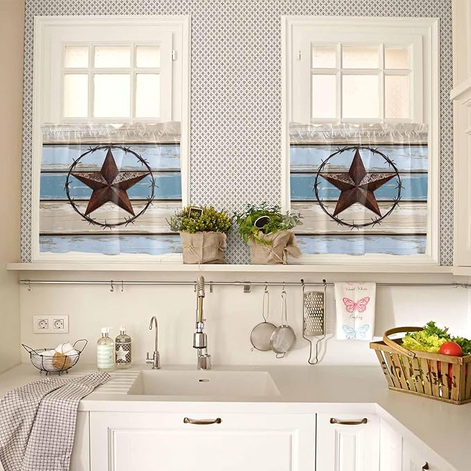 Vintage Western Star on Wood Grain Window Valance Curtains, Retro Wooden Texture Light Filtering Kitchen Valance with 3-inch Rod Pocket for Living Room Bathroom Bedroom,2 Panel,27.5x36In