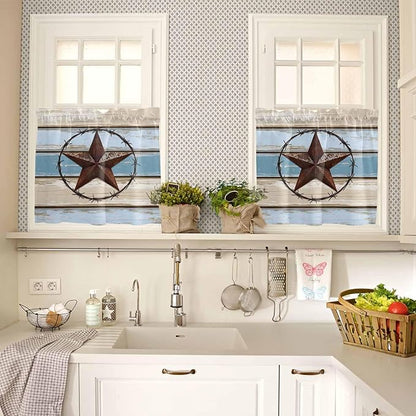 Vintage Western Star on Wood Grain Window Valance Curtains, Retro Wooden Texture Light Filtering Kitchen Valance with 3-inch Rod Pocket for Living Room Bathroom Bedroom,2 Panel,27.5x36In
