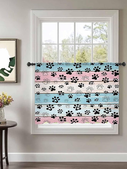 Sheer Curtains 54 Inch Length, Blue Pink Dog Paws Prints Semi Sheer Curtains Light Filtering Window Treatment, Farmhouse Beige Wood Privacy Voile Drapes for Living Room Bedroom 52x54 Inch