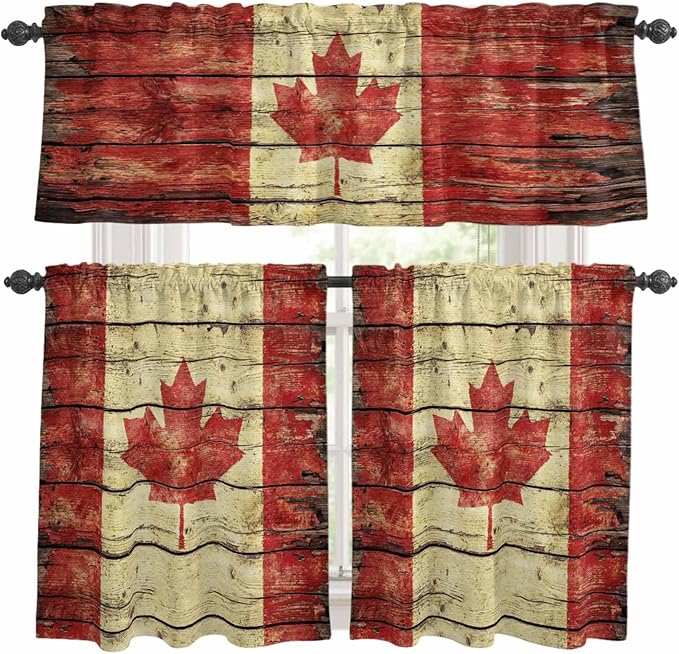 Kitchen Curtains Tiers and Valance Set of 3, Canada Light Filtering Window Curtain Set, Red Maple Leaf Flag Farmhouse Shabby Wooden Grain Rod Pocket Curtain Drapes for Living Room, 36 Inches Tiers