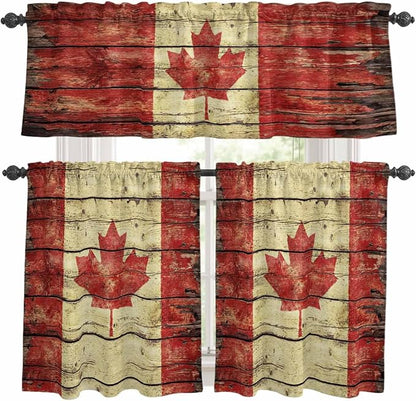 Kitchen Curtains Tiers and Valance Set of 3, Canada Light Filtering Window Curtain Set, Red Maple Leaf Flag Farmhouse Shabby Wooden Grain Rod Pocket Curtain Drapes for Living Room, 36 Inches Tiers