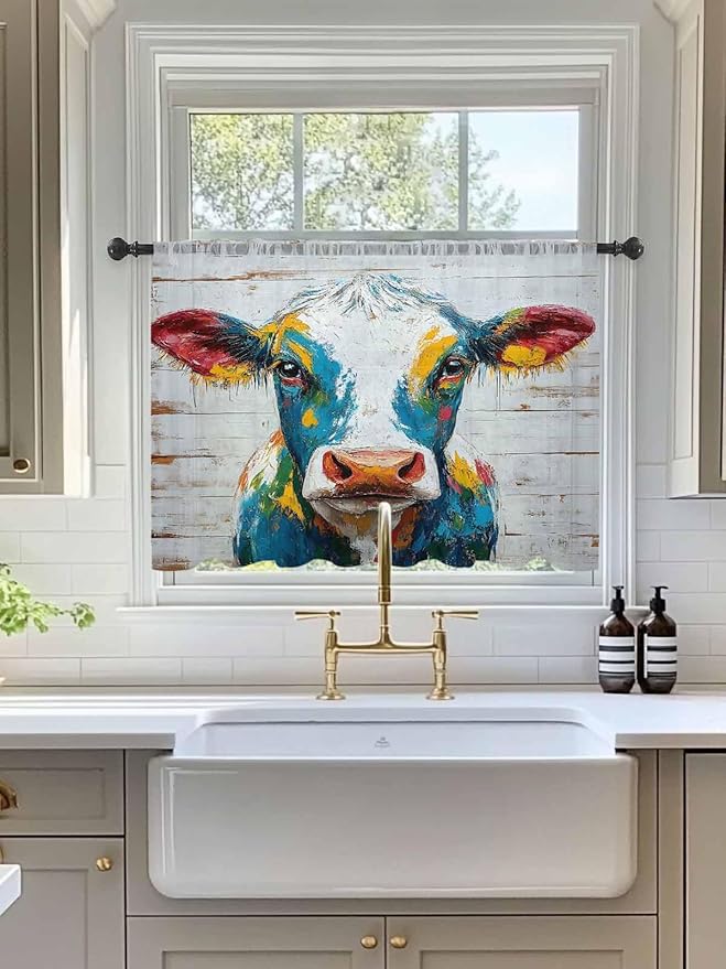 Sheer Curtains 54 Inch Length, Rustic Cow Semi Sheer Curtains Light Filtering Window Treatment, Vintage Colorful Animals Art Wooden Grain Privacy Voile Drapes for Living Room Bedroom 52x54 Inch