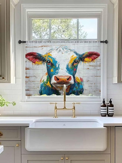 Sheer Curtains 54 Inch Length, Rustic Cow Semi Sheer Curtains Light Filtering Window Treatment, Vintage Colorful Animals Art Wooden Grain Privacy Voile Drapes for Living Room Bedroom 52x54 Inch