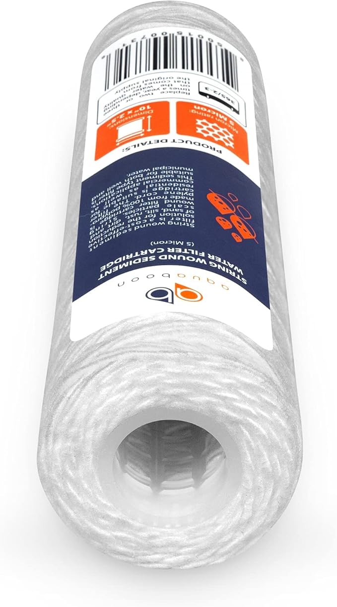 Aquaboon Whole House 5 Micron 10 x 2.5 String Wound Sediment Water Filter Cartridge Replacement Compatible with Well Water Filter WHKF-WHSW, 4-Pack