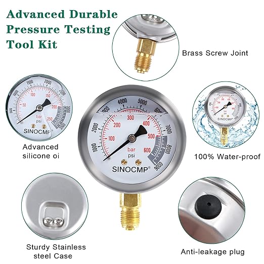 SINOCMP Hydraulic Pressure Test Kit, 3 Pressure Gauges 25Mpa/40Mpa/60Mpa 6 Test Couplings 3 Test Hoses 1 Storage Case Diagnosis Tester Gauge Set for Excavator Construction Machinery Upgraded Version