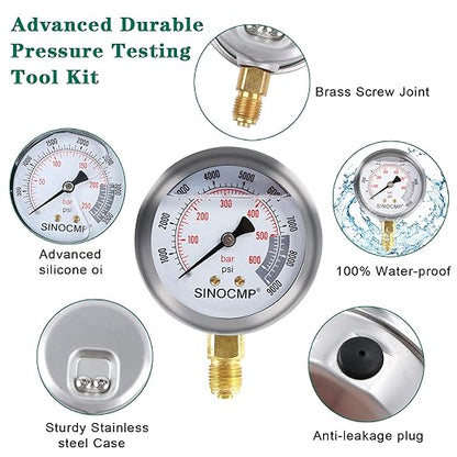 SINOCMP Hydraulic Pressure Test Kit, 3 Pressure Gauges 25Mpa/40Mpa/60Mpa 6 Test Couplings 3 Test Hoses 1 Storage Case Diagnosis Tester Gauge Set for Excavator Construction Machinery Upgraded Version