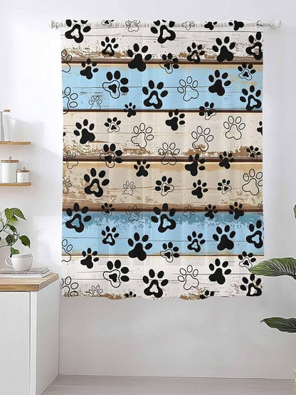 Sheer Curtains 63 Inch Length, Blue Brown Paw Prints Semi Sheer Curtains Light Filtering Window Treatment, Vintage Farmhouse Rustic Wooden Grain Privacy Voile Drapes for Living Room Bedroom 52x63 Inch