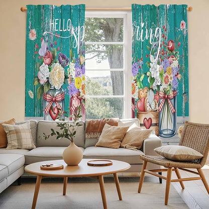 Spring Flowers Kitchen Curtains, Farmhouse Watercolor Teal Wood Grain Light Filtering Window Curtain Panels, 2Pcs Rod Pocket Window Treatments Set for Living Room Bathroom Bedroom 52x72 Inches