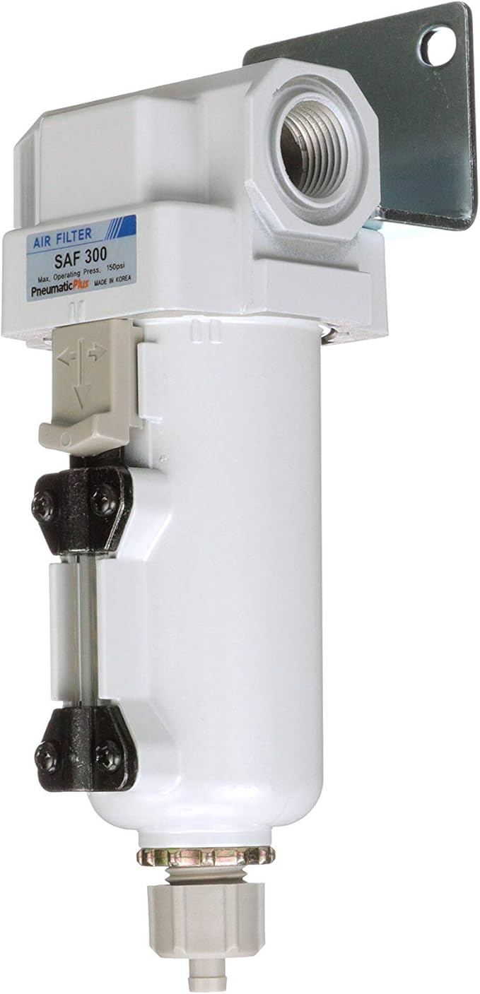 PneumaticPlus SAF300-N03B-MEP Compressed Air Particulate Filter 3/8" NPT, 10 Micron Element, Metal Bowl, Manual Drain, Bracket