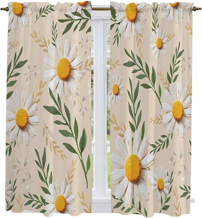 Spring Daisy Kitchen Curtains, Country Watercolor Flower Leaf Plant Light Filtering Window Curtain Panels, 2Pcs Rod Pocket Window Treatments Set for Living Room Bathroom Bedroom 42x63 Inches