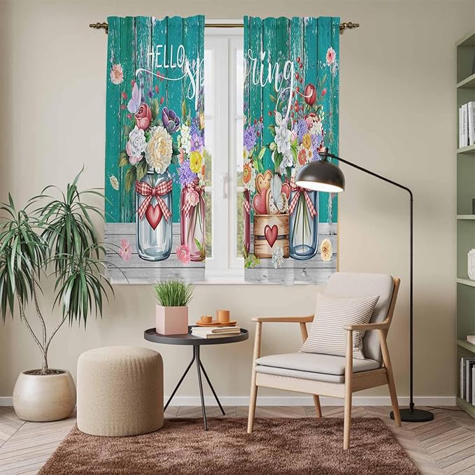 Spring Flowers Kitchen Curtains, Farmhouse Watercolor Teal Wood Grain Light Filtering Window Curtain Panels, 2Pcs Rod Pocket Window Treatments Set for Living Room Bathroom Bedroom 42x63 Inches