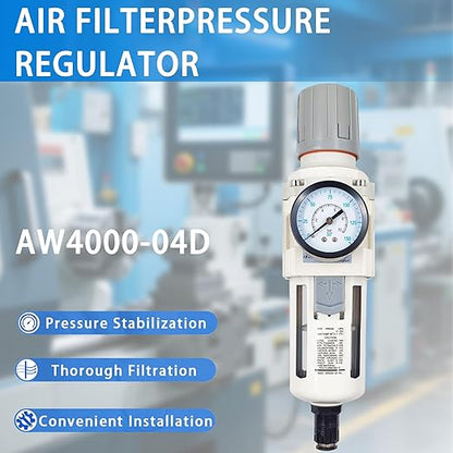XingNEeng 1/2" NPT Compressed Air Filter Regulator Combo Piggyback, Water/Oil Trap Separator with Pressure Gauge(0-150 psi), Auto Drain, Poly Bowl, 5 Micron Brass Element, Metal Bracket