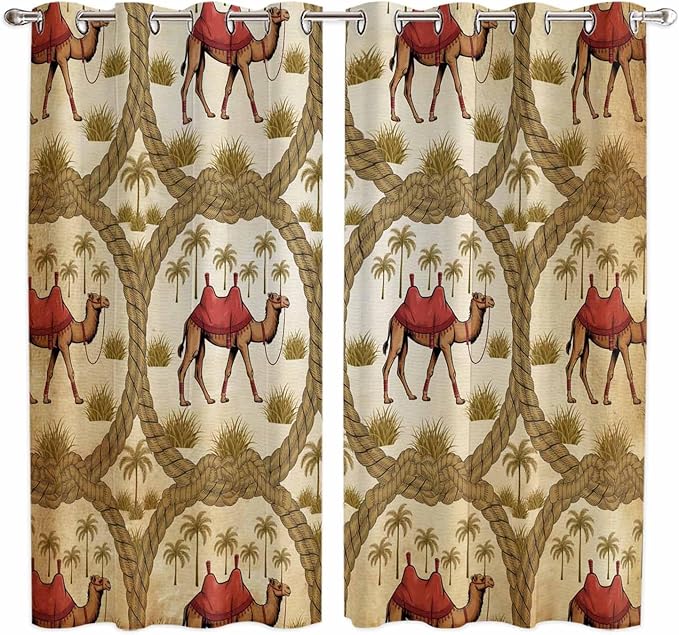 2 Panel Kitchen Cafe Curtains, Brown Desert Camels Sunlight Filtering Nature Air Through, Window Decor Tier Curtains for Living Room 80W x 63L inch Tropical Date Coconut Trees Cords Leaves