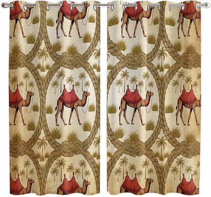 2 Panel Kitchen Cafe Curtains, Brown Desert Camels Sunlight Filtering Nature Air Through, Window Decor Tier Curtains for Living Room 104W x 84L inch Tropical Date Coconut Trees Cords Leaves