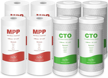 SimPure Whole House Water Filter Cartridges 5 Micron 10" x 4.5" PP+CTO 2-Stage Sediment and Carbon Filter Set, for DB10C-2, DB10P, GE FXHTC, GXWH40L, WGB21B, FP15B, FC15B, 4 Sets