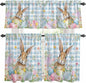 Kitchen Curtains Tiers and Valance Set of 3, Easter Light Filtering Window Curtain Set, Spring Rabbit Eggs Seasonal Flowers Blue Lattice Rod Pocket Curtain Drapes for Living Room, 36 Inches Tiers