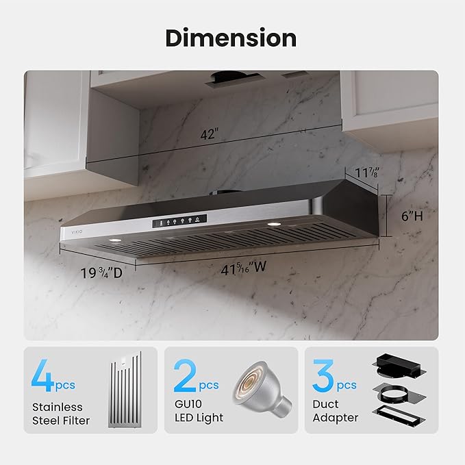 Range Hood 42 Inch Under Cabinet, 980CFM Fast Venting Ducted, Kitchen Hood With 3 Speed Gesture Sensing & Touch Control, Stainless Steel Stove Hood With LED Light And 2 Baffle Filters
