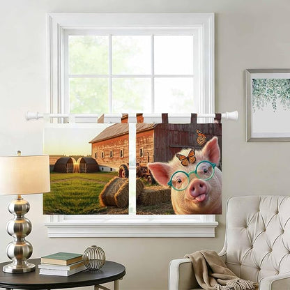 Farm Pig Kitchen Curtains 36 Inch Length, Small Window Curtains Tab Top, Farmhouse Barn Funny Animals Butterfly Light Filtering Short Window Treatments Tier Drapes 27.5"x36" 2 Panel