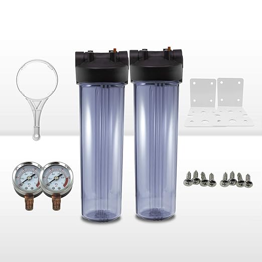 Max Water 20" x 4.5" Whole House Water Filter Housing – Fits Standard Large Blue Filters – 1 inch Inlet/Outlet Ports with Pressure Gauge Wrench and Bracket (2 Housing + 2 Pressure Gauge)