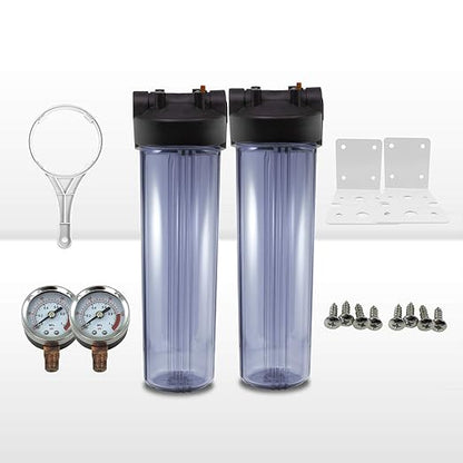 Max Water 20" x 4.5" Whole House Water Filter Housing – Fits Standard Large Blue Filters – 1 inch Inlet/Outlet Ports with Pressure Gauge Wrench and Bracket (2 Housing + 2 Pressure Gauge)
