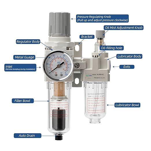 1/4" NPT Automatic Drain Compressed Air Filter Regulator Lubricator,Air Pressure Regulator with Oil/Water Separator (0-150 PSI),for Pneumatic Tools & Systems