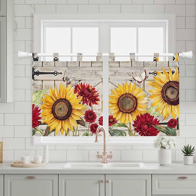Red Yellow Sunflowers Kitchen Curtains 24 Inch Length, Small Window Curtains Tab Top, Retro Rustic Barn Doors Butterfly Brown Light Filtering Short Window Treatments Tier Drapes 27.5"x24" 2 Panel