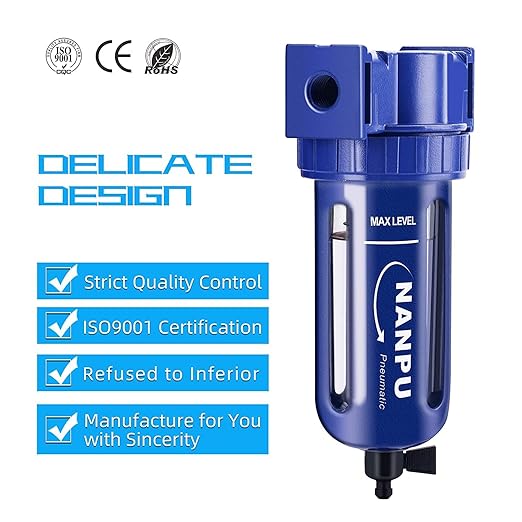NANPU 1/2" NPT Compressed Air Filter, Zinc Alloy, 5 Micron Brass Element, Quick Release Bowl, Manual Drain, for Air Compressor ＆ Pneumatic Tools