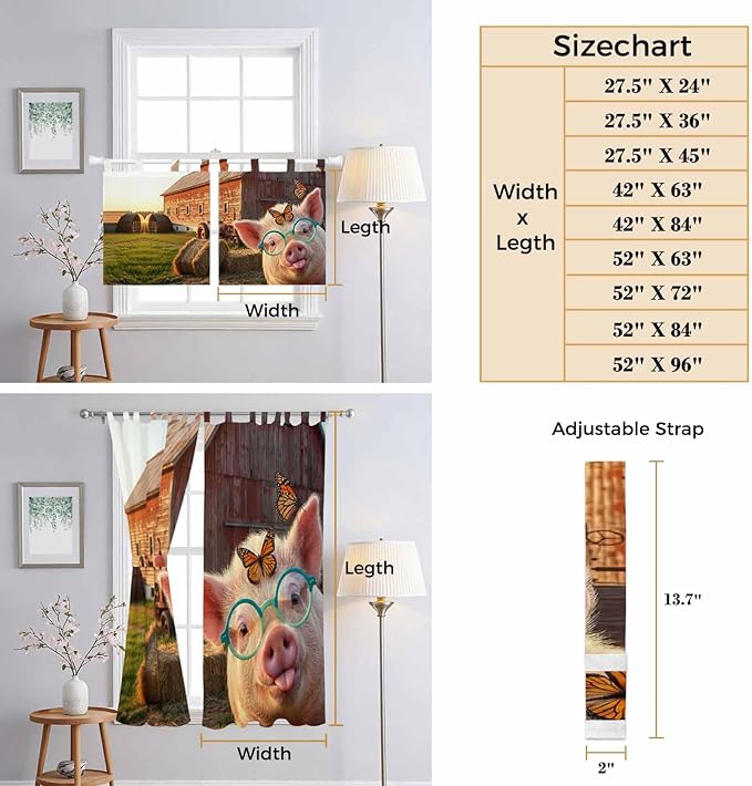 Farm Pig Kitchen Curtains 36 Inch Length, Small Window Curtains Tab Top, Farmhouse Barn Funny Animals Butterfly Light Filtering Short Window Treatments Tier Drapes 27.5"x36" 2 Panel