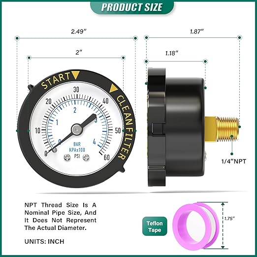 0-60PSI Pool Filter Pressure Gauge, 1/4" NPT Back Mount, with Plastic Adjustable Bezel, Start and Clean Filter Pressure Gauge, for Swimming Pool, spa, Aquarium