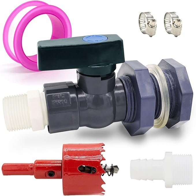 PVC Rain Barrel Diverter Kit Rain Barrel 3/4 Inch Spigot Kit with Bulkhead Fitting, Hose (25mm/1" + 16mm/0.63") Adapter, Hole Saw, Ball Valve, Clamps, Thread Seal Tape