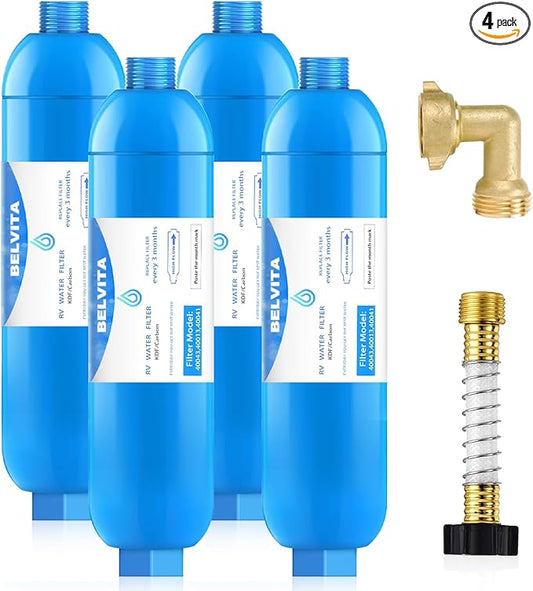 BELVITA RV Inline Water Filter with Solid Brass 90 Degree Hose Elbow, Eliminates Stress and Strain On RV Water Intake Hose Fittings(4 Pack)