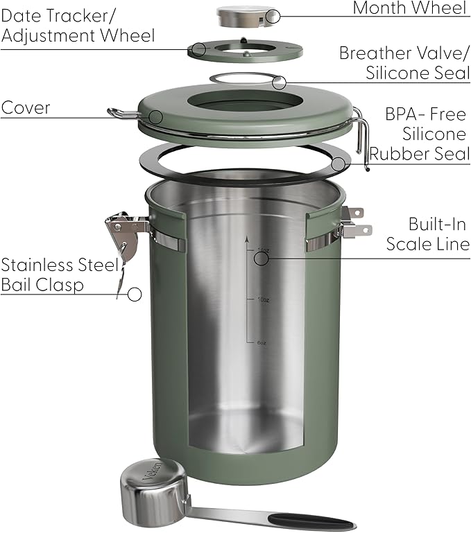 Veken Coffee Canister with Window, Airtight Stainless Steel Kitchen Food Storage Container with Lids, Date Tracker and Scoop for Grounds Coffee, Beans, Tea, Flour, Cereal, Sugar Jars, 22OZ, Green