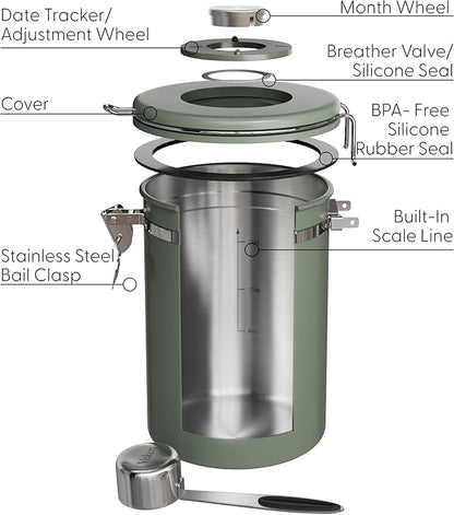 Veken Coffee Canister with Window, Airtight Stainless Steel Kitchen Food Storage Container with Lids, Date Tracker and Scoop for Grounds Coffee, Beans, Tea, Flour, Cereal, Sugar Jars, 22OZ, Green