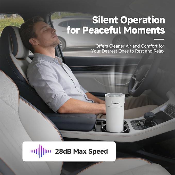 Home & Car HEPA Air Purifier USB-C Charging, Ultra-Quiet 22dB, Compact Design, Night Light, 360° Outlet, Suitable for Car Interiors, Desks, Dorms & Pet Crates